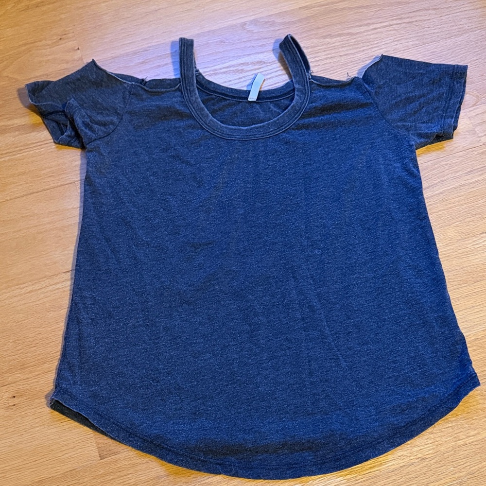 Distressed gray tshirt with cut out shoulder  Tee